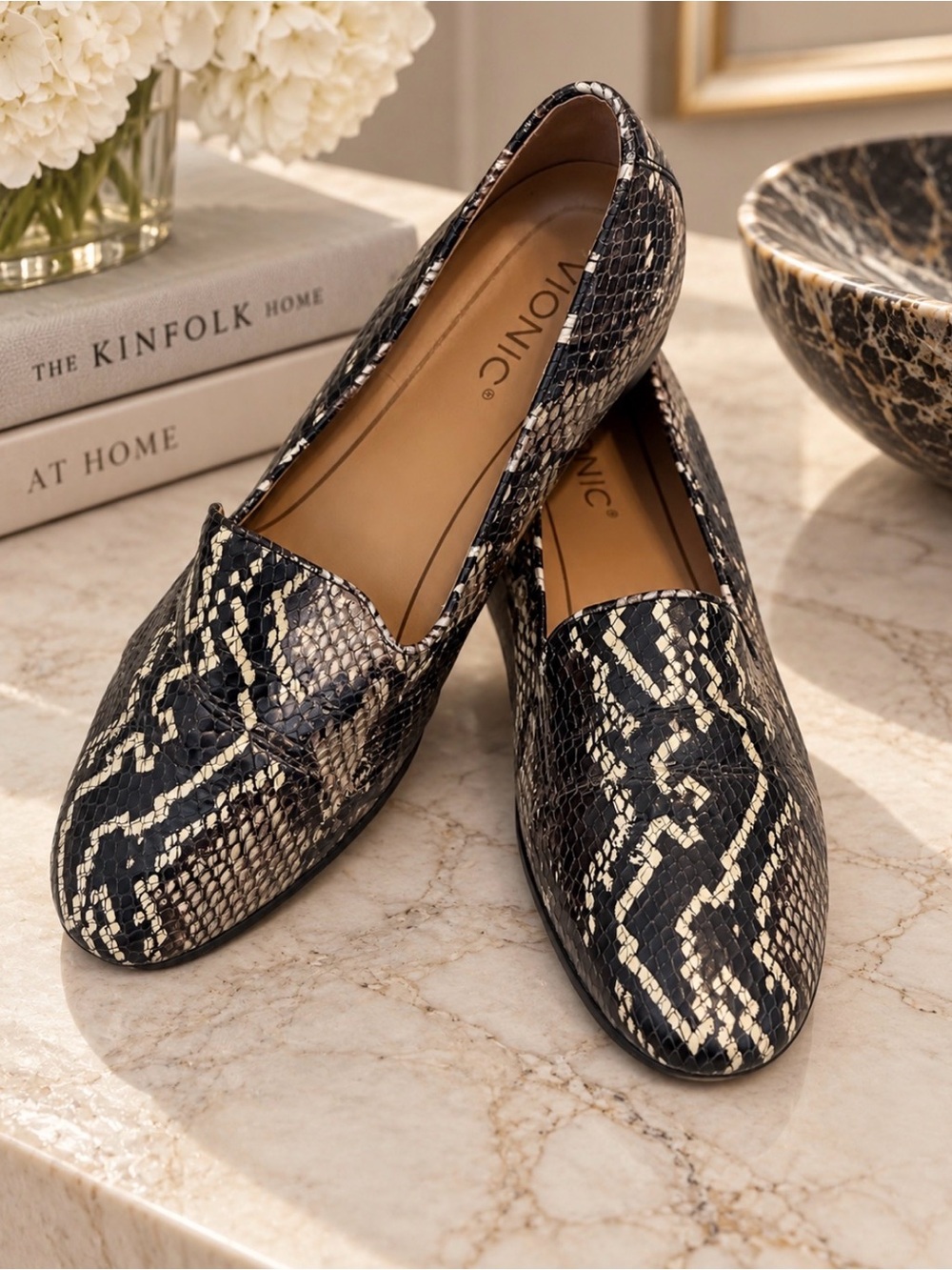 Vionic Snake-Print Loafers in Black and Beige